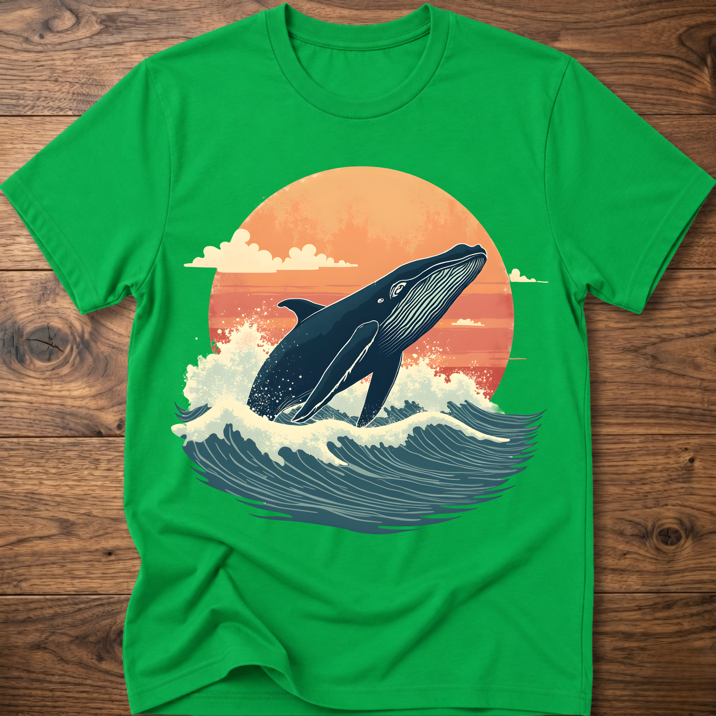 Irish green whale graphic t-shirt with ocean waves and sunset circle print