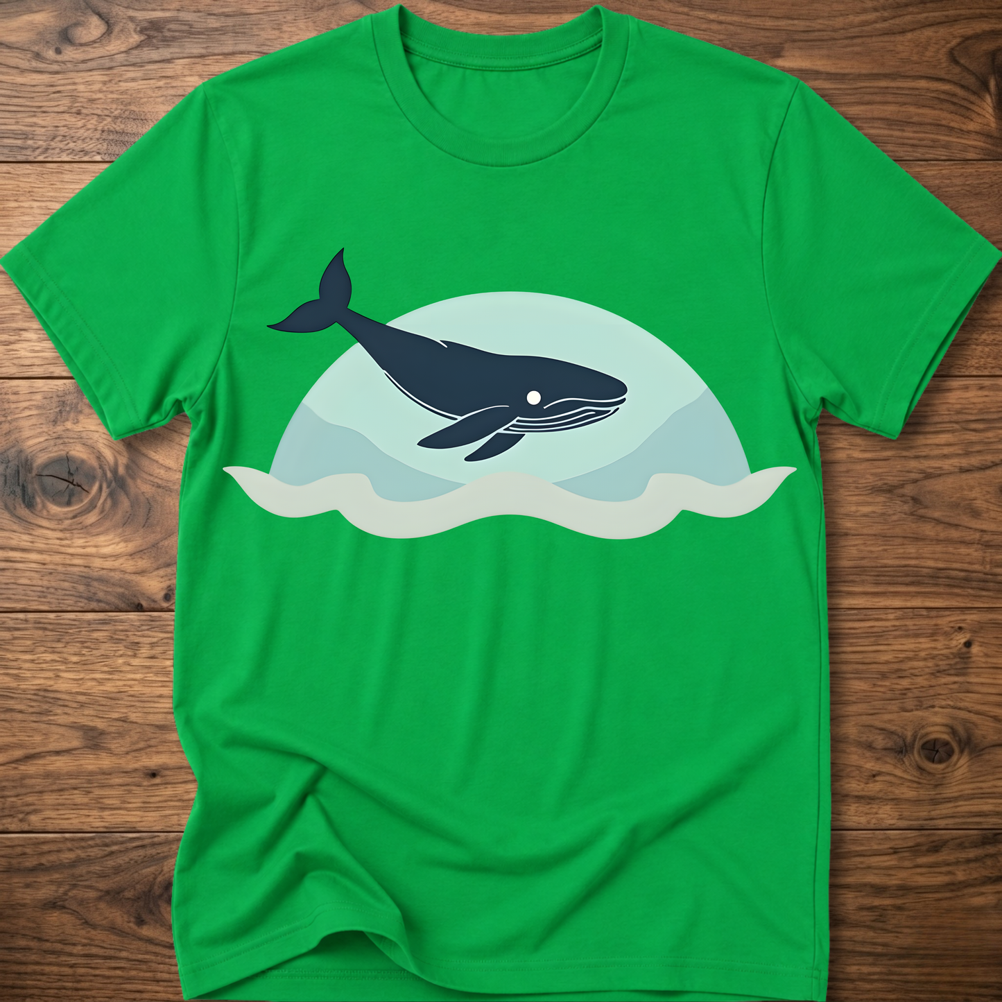 Bright green crew-neck t-shirt with dark whale graphic over teal waves design
