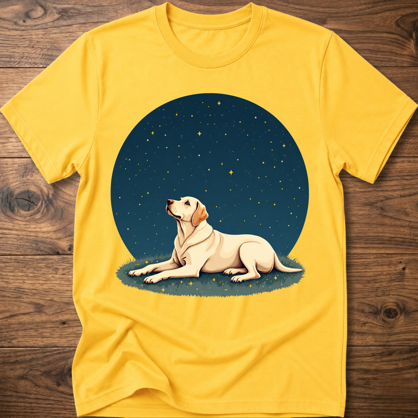 Yellow t-shirt with starry sky circle graphic and tan dog lying on grass