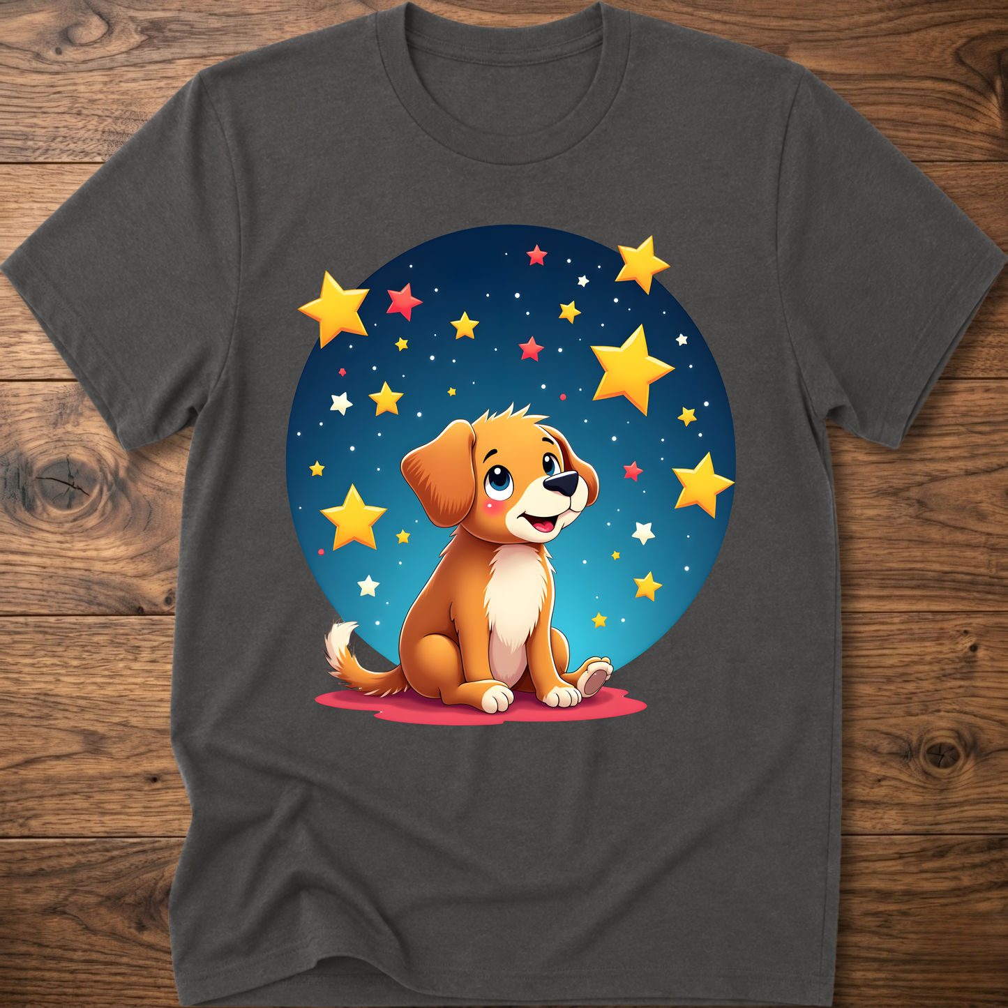 Dark gray dog graphic t-shirt with sitting puppy in a blue star circle