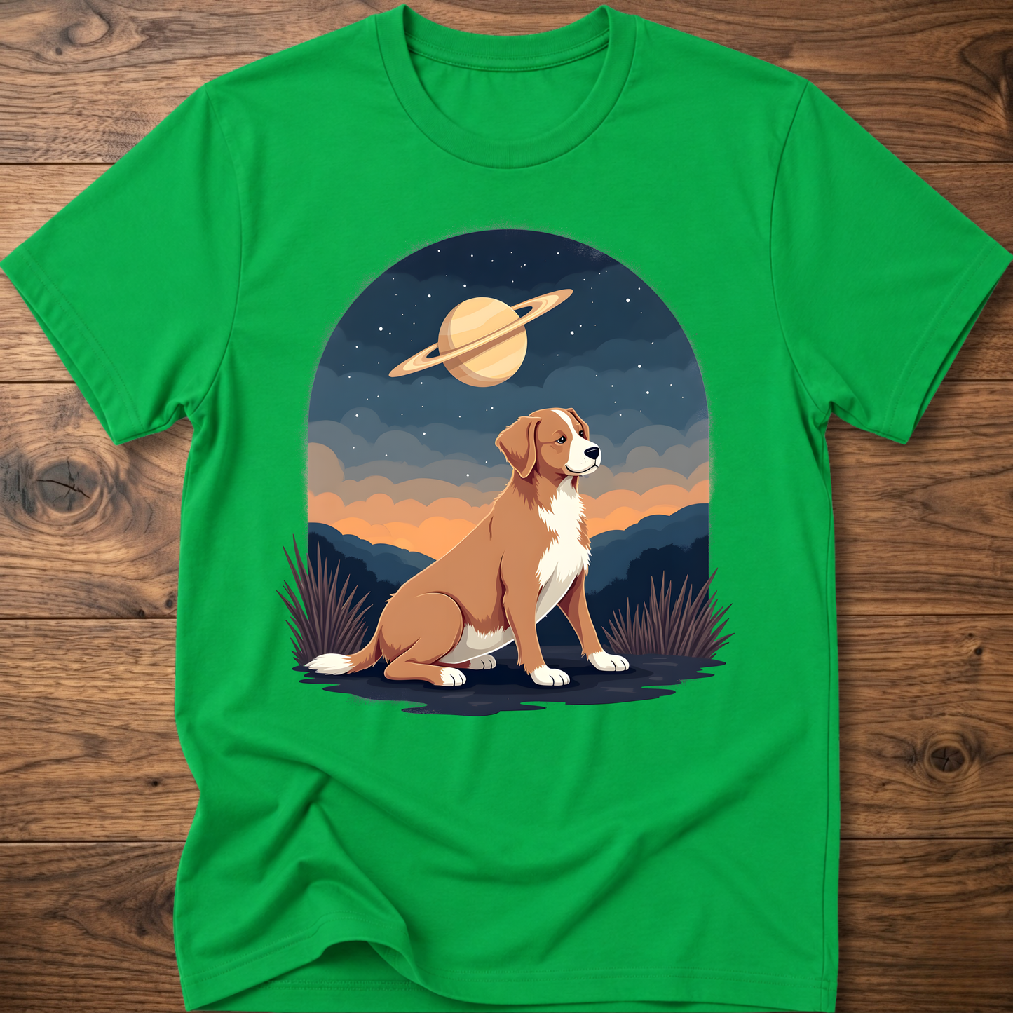 Green crewneck T-shirt with Saturn sky dog graphic on the front
