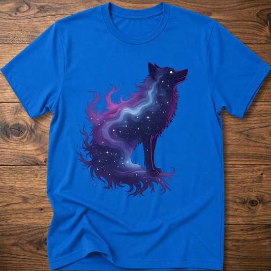 Royal blue galaxy wolf graphic t-shirt with purple and blue nebula style print