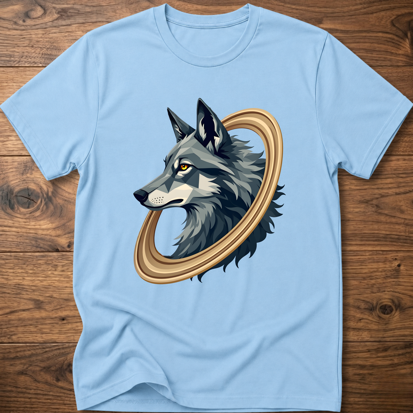 Light blue short-sleeve t-shirt with geometric wolf head graphic in gold circular frame