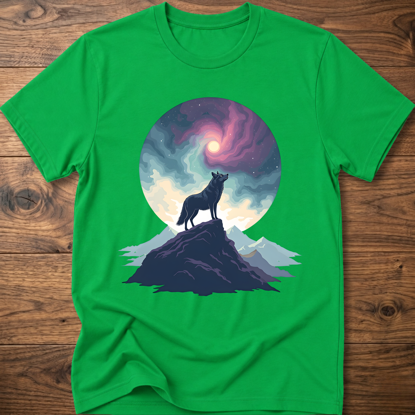 Green graphic t-shirt with wolf silhouette on mountain under a colorful moon