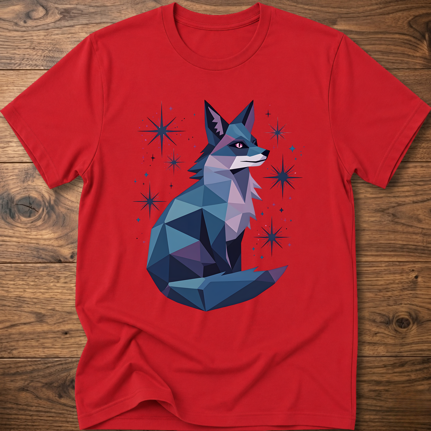 Red T-shirt with geometric fox graphic and starburst sparkles