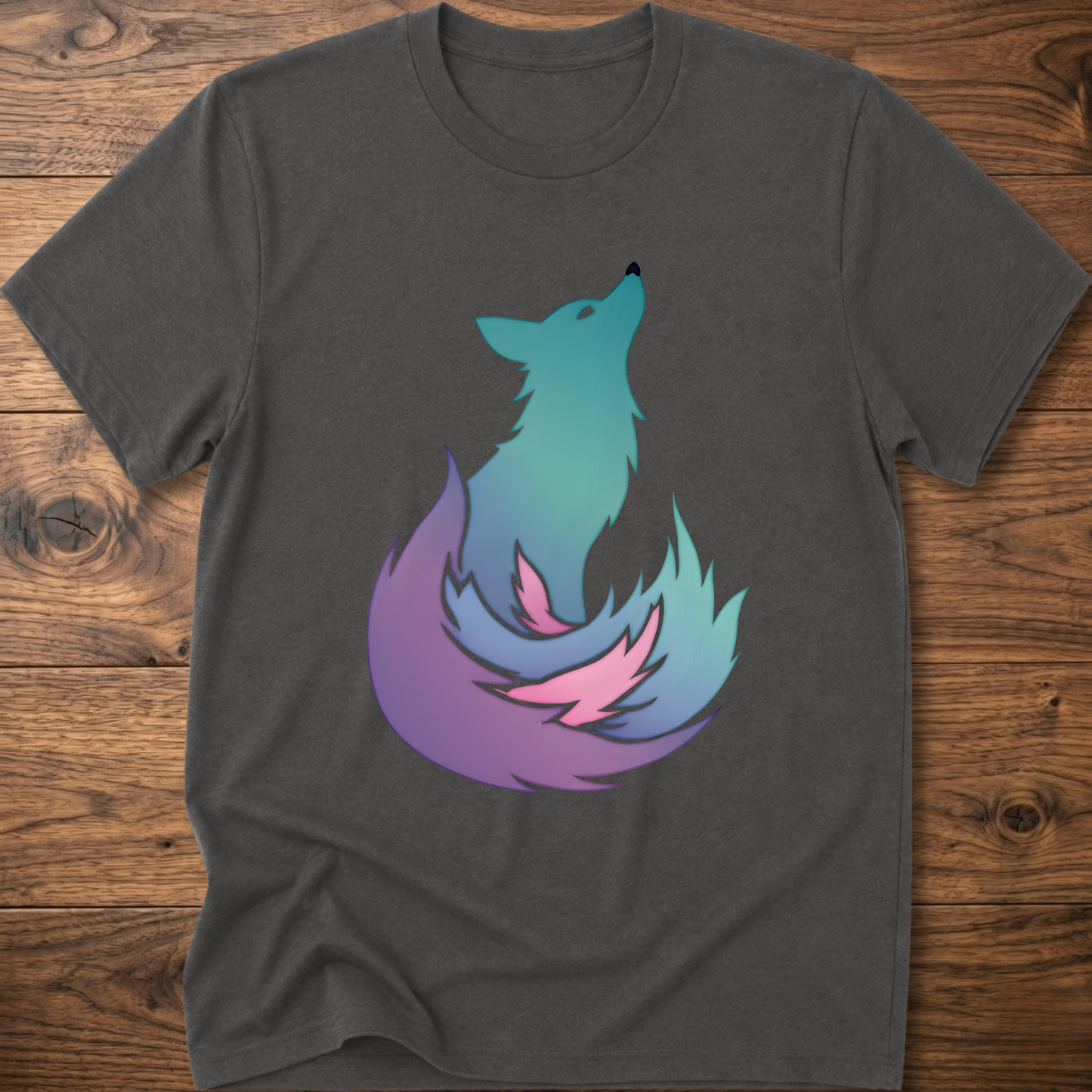 Dark heather gray t-shirt with colorful fox graphic on the chest