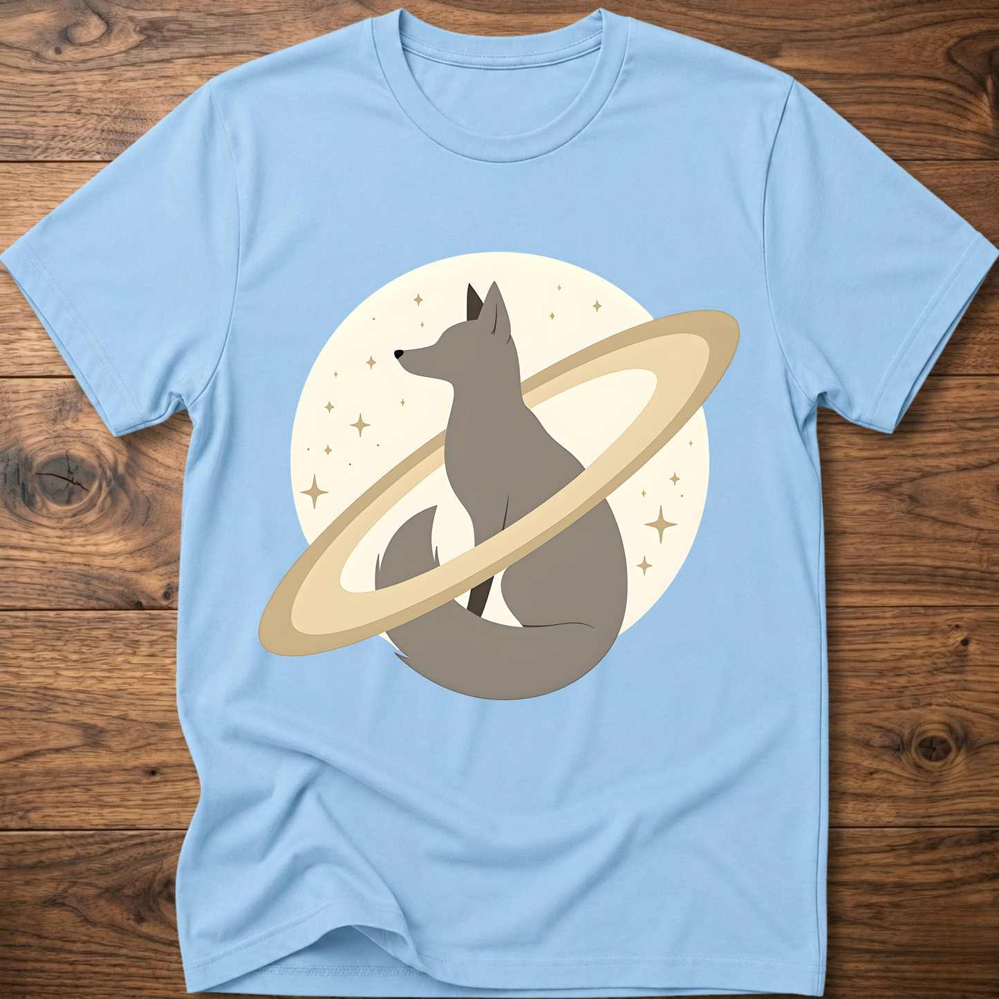 Light blue short-sleeve crewneck t-shirt with minimal fox in space graphic