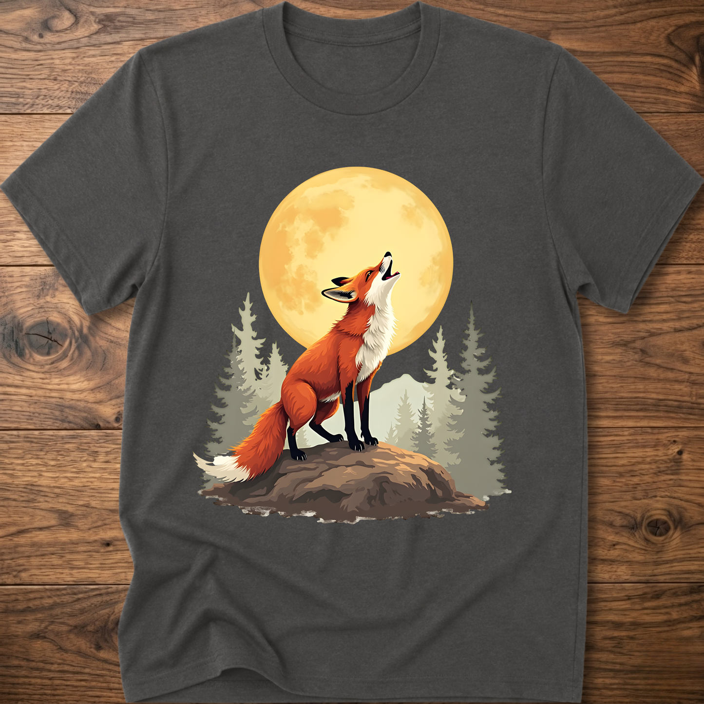Charcoal gray t-shirt with retro fox graphic under a golden moon and pine trees