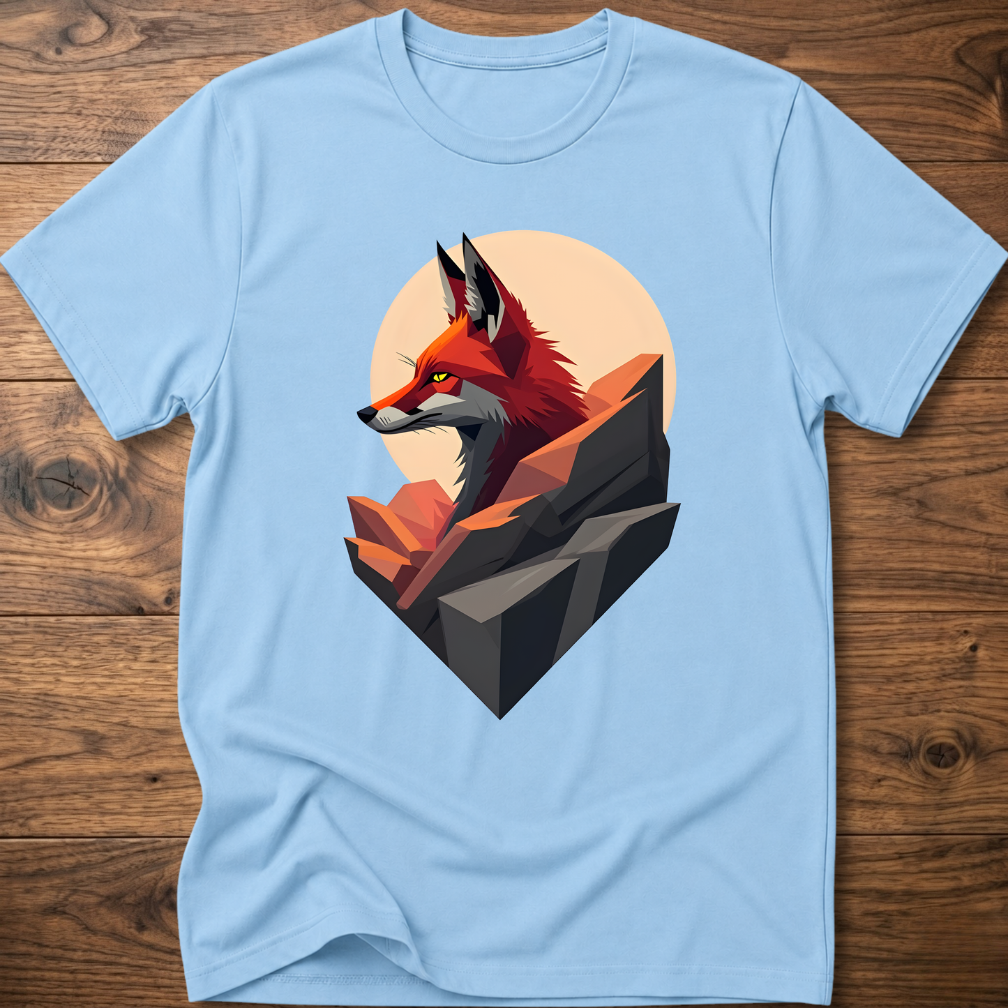 Light blue t-shirt with abstract fox graphic on front.