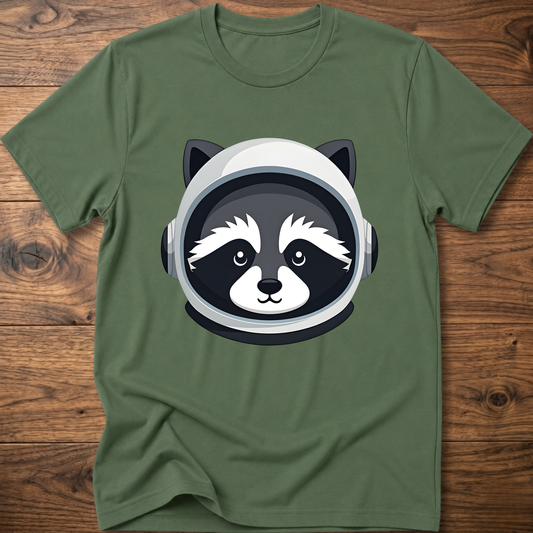 Military green raccoon astronaut t-shirt with large front helmet graphic