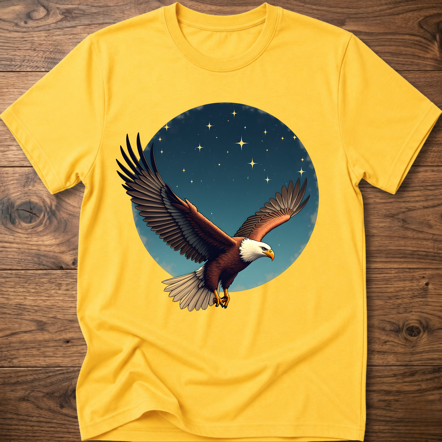 Yellow crewneck T-shirt with eagle and starry sky graphic