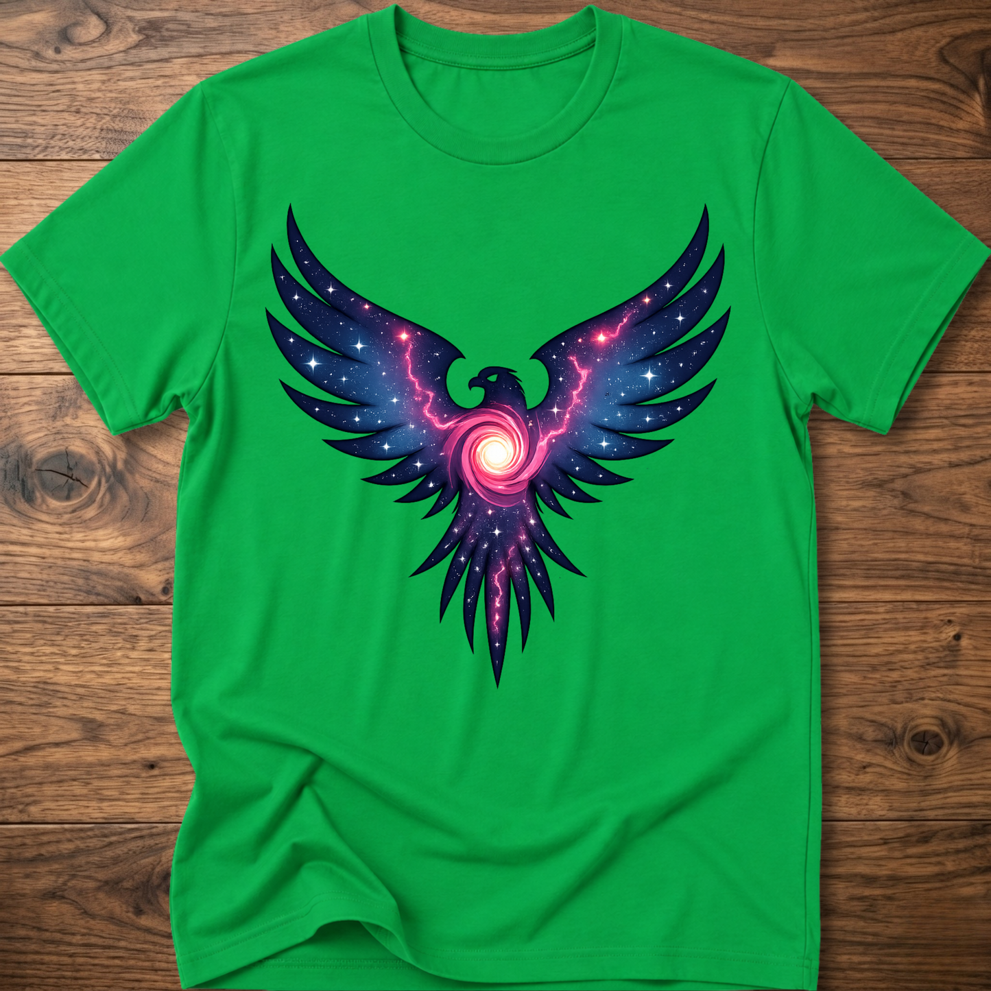 Bright green crew-neck t-shirt with colorful galaxy eagle graphic centered on chest