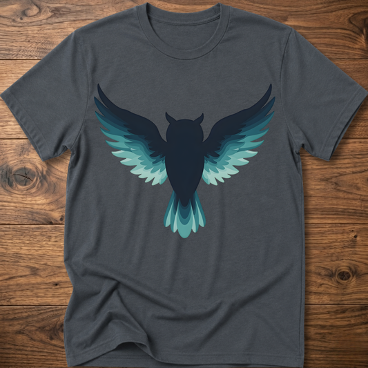 Dark charcoal gray owl graphic t-shirt with teal and blue wing design at chest