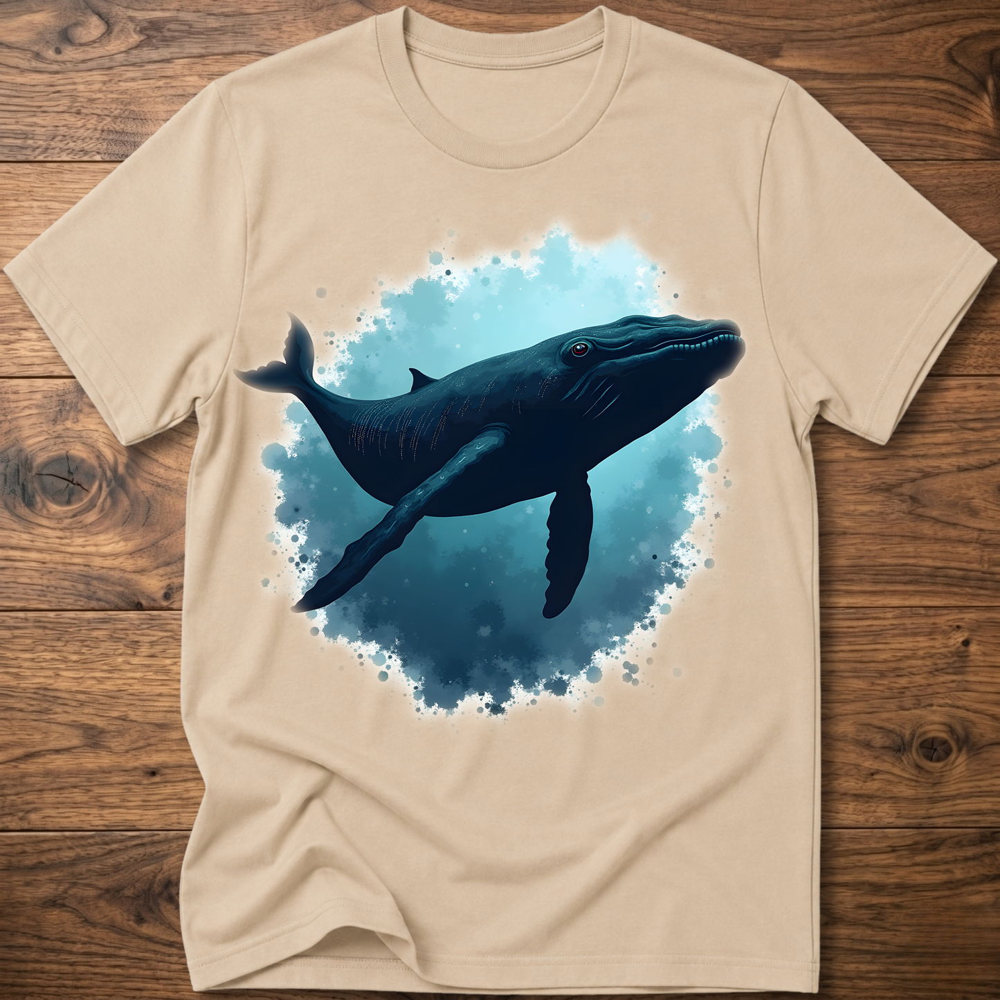 Natural beige T-shirt with dark whale and blue splash graphic