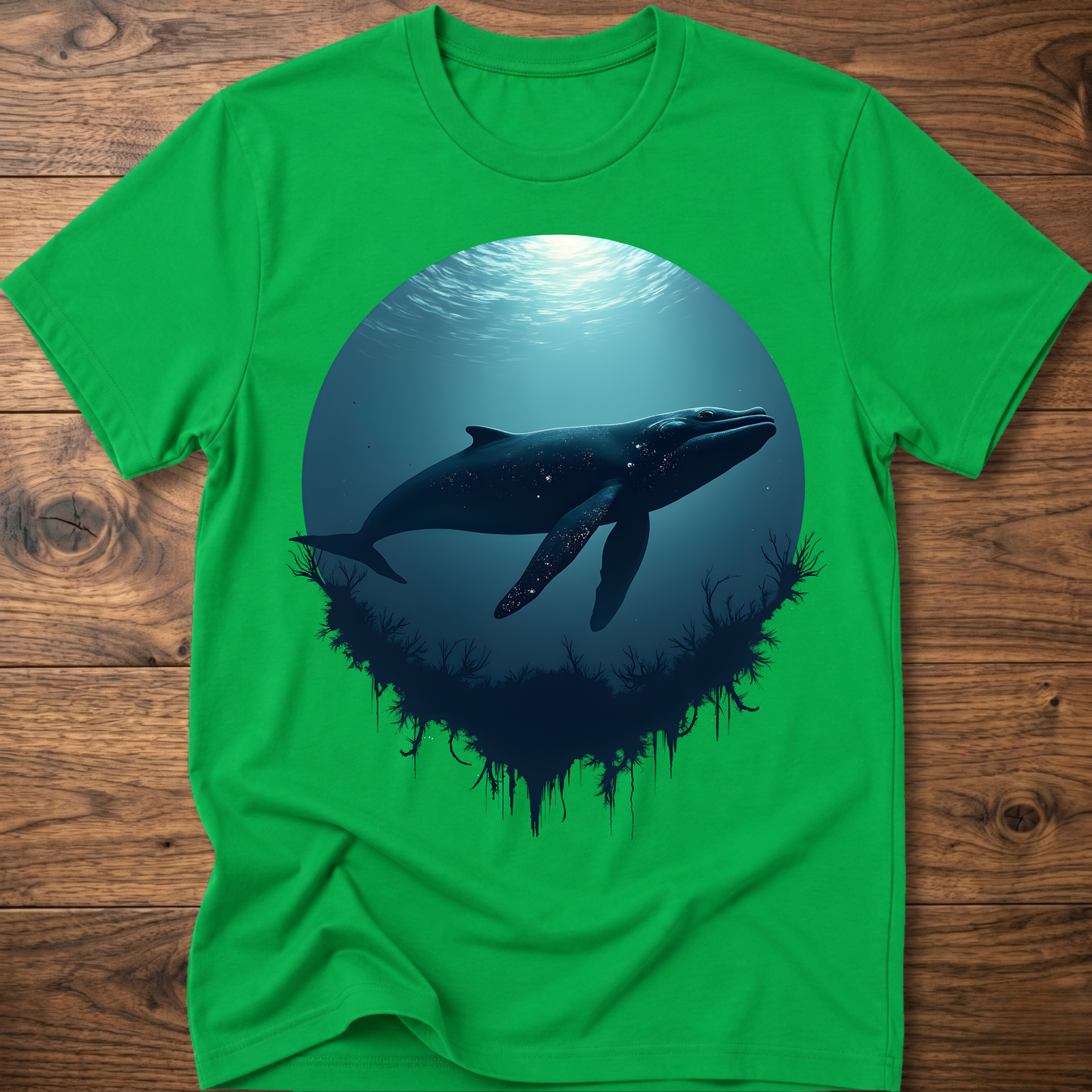 Bright green T-shirt with teal ocean sun and dark whale graphic
