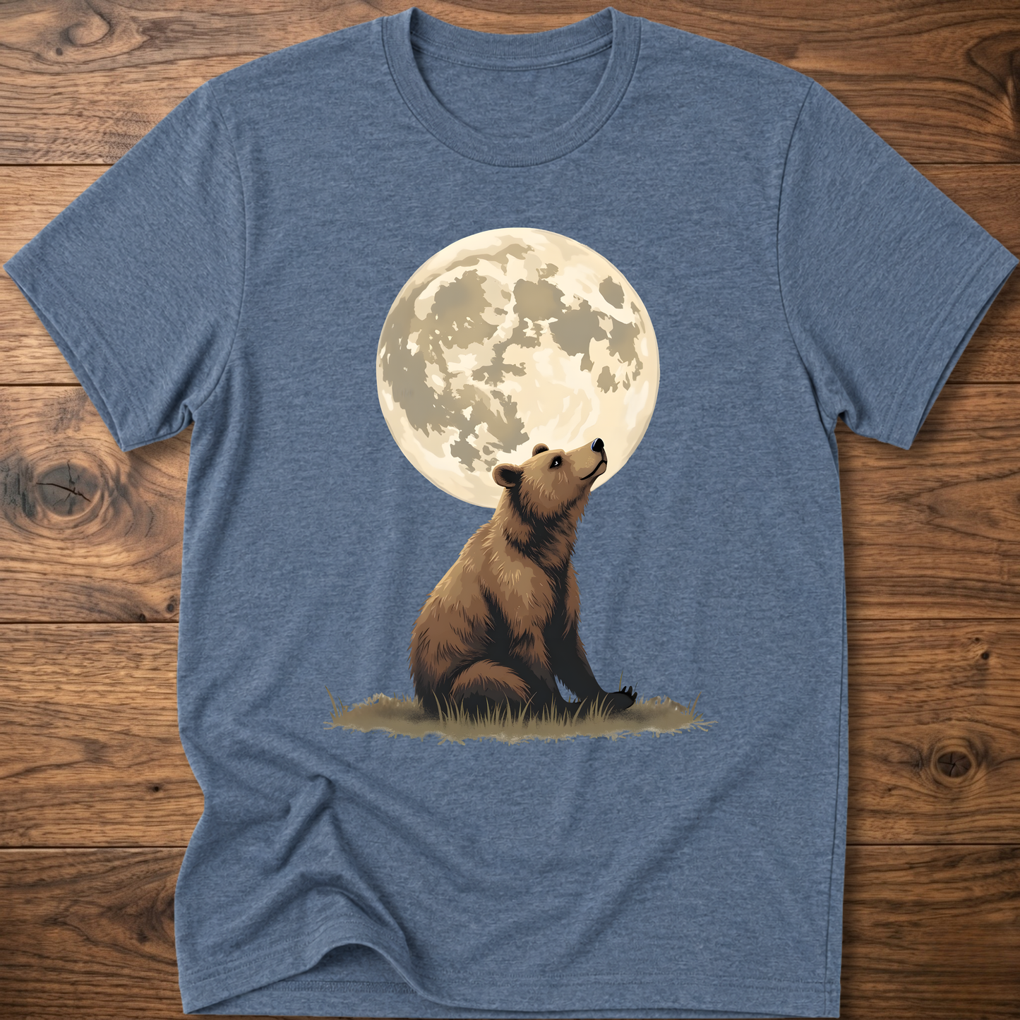 Heather indigo t-shirt with large moon and standing bear graphic on the front