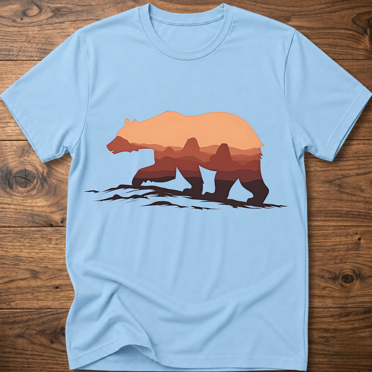 Light blue crew-neck t-shirt with martian bear graphic across the chest.
