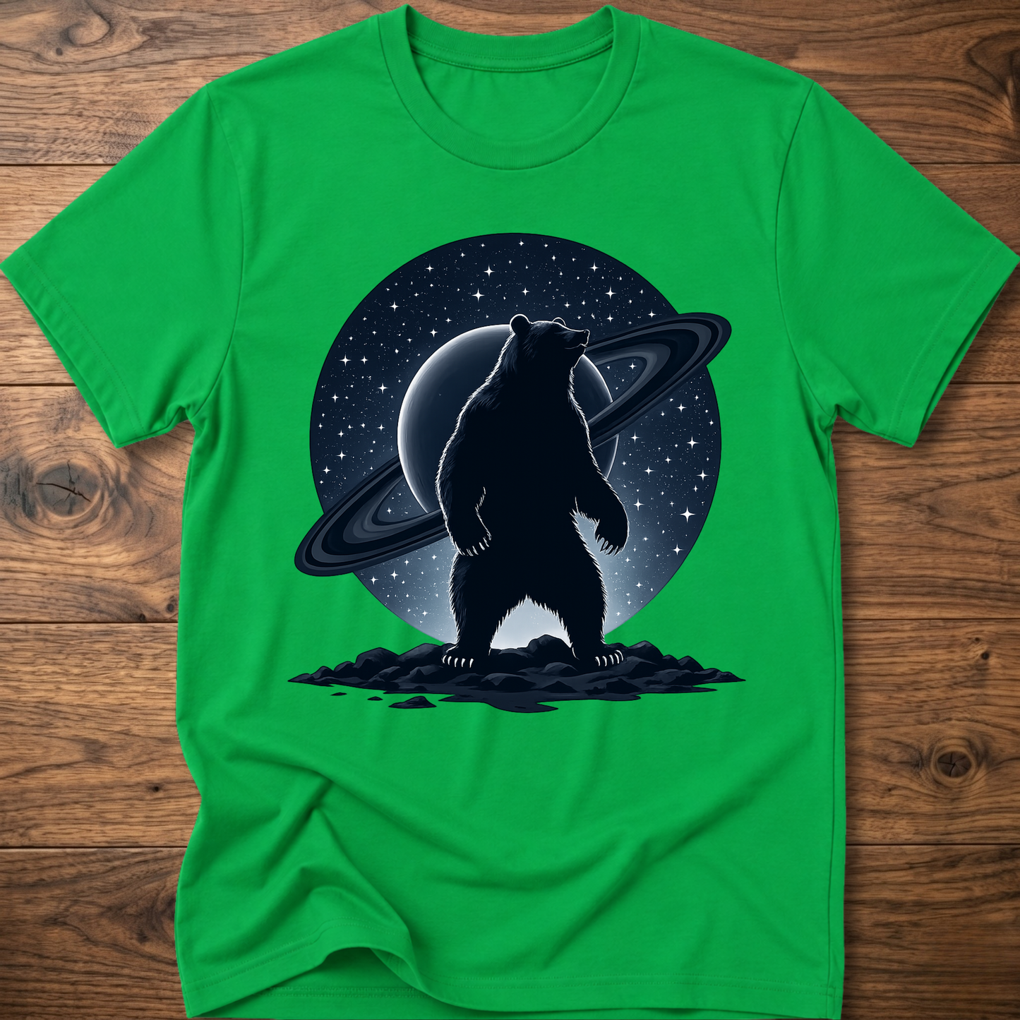 Bright green T-shirt with black Saturn bear graphic on the front