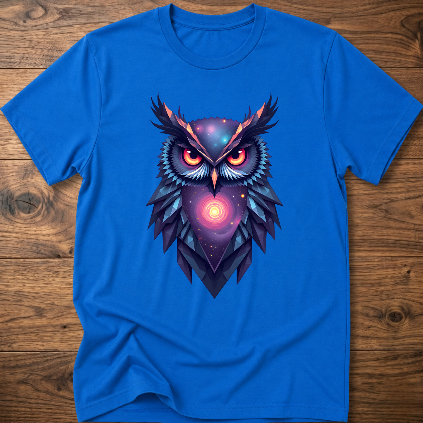 Royal blue graphic owl t-shirt with colorful galaxy geometric owl front print