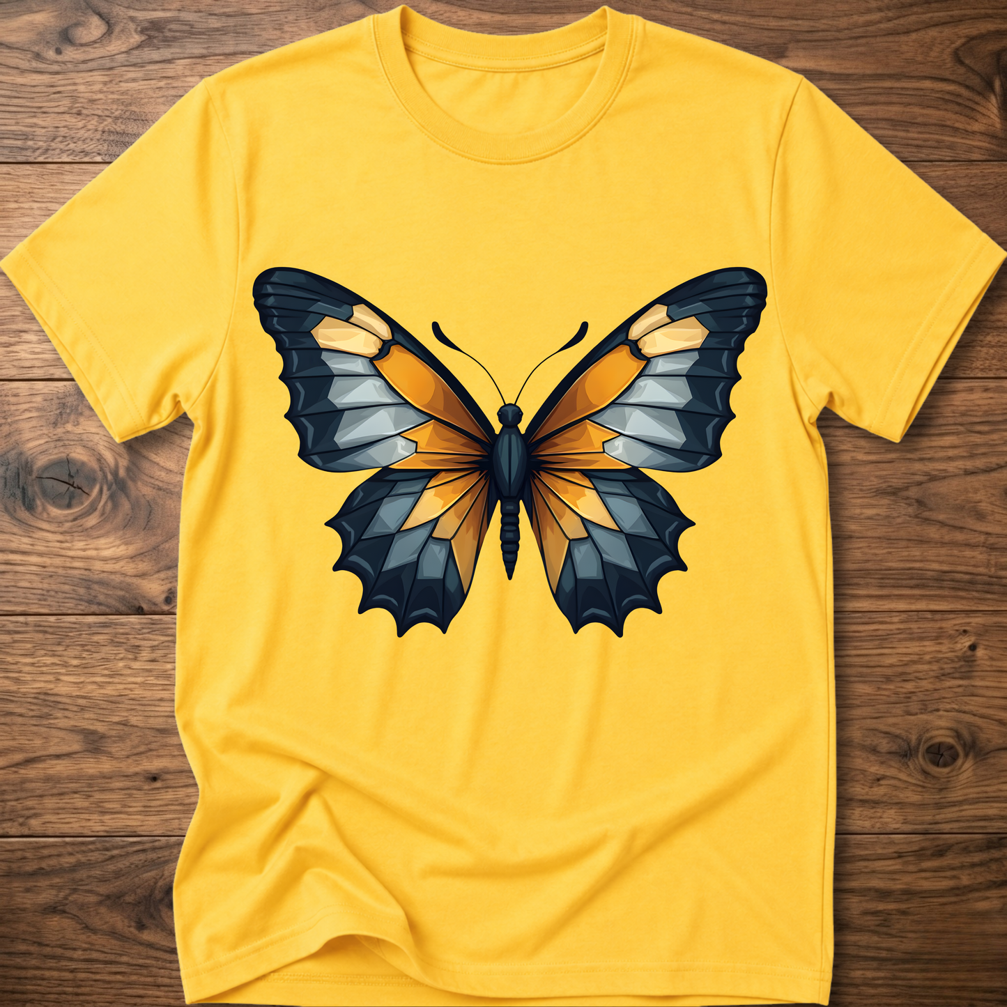 Daisy yellow abstract butterfly T-shirt with colorful wings graphic centered