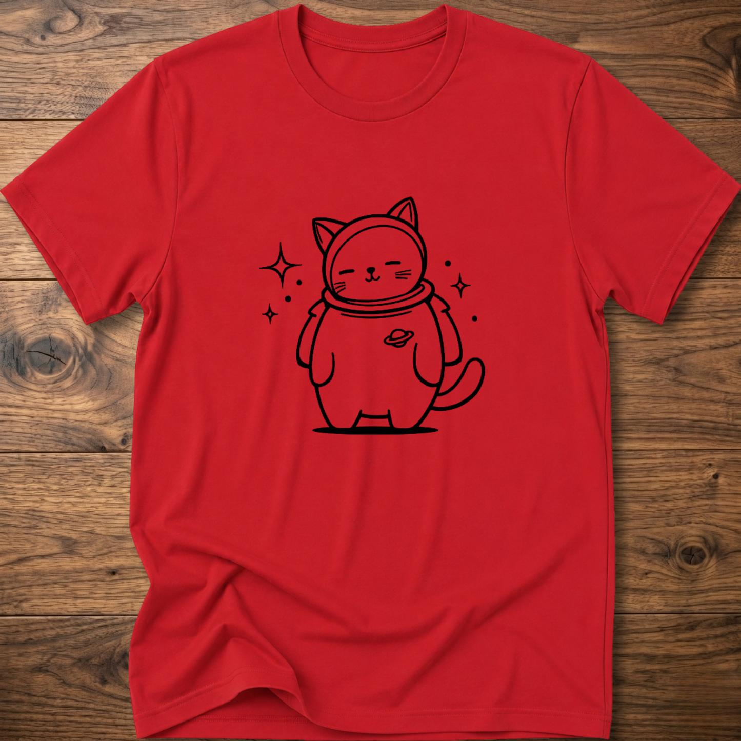 Red crew-neck T-shirt with astronaut cat graphic on the front