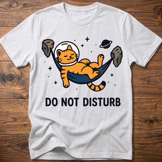 Graphic T-shirt in white with cat astronaut and “DO NOT DISTURB” print