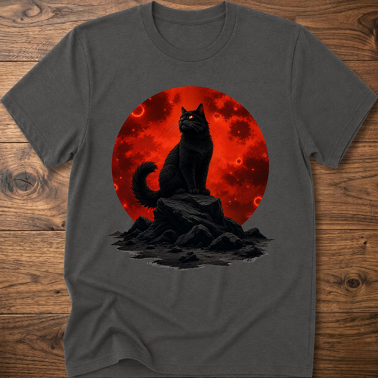 Dark gray T-shirt with black cat graphic in red circle above dark rock base