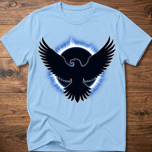 Light blue crew-neck T-shirt with black eagle graphic and blue halo print