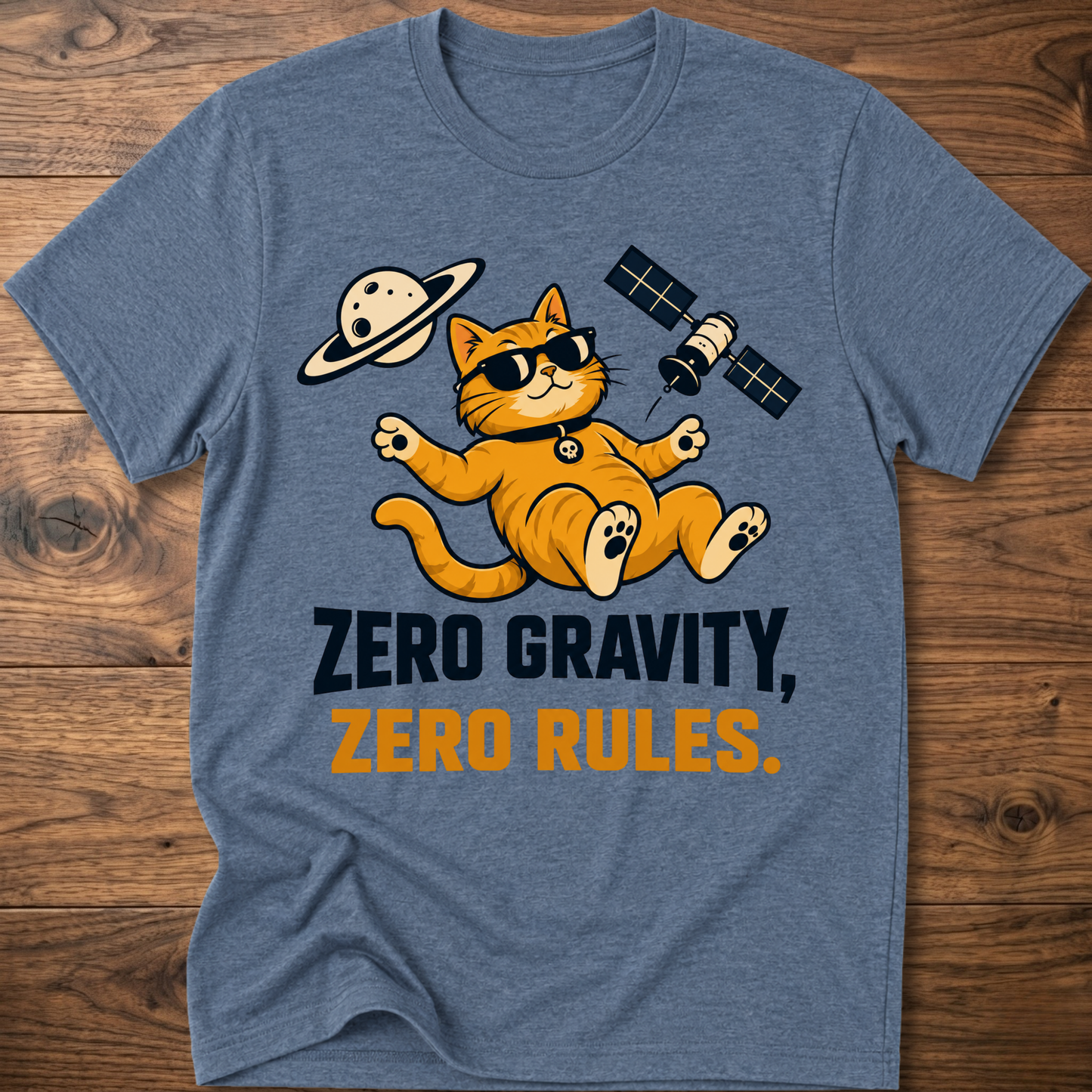 Heather indigo cat astronaut T-shirt with “Zero Gravity, Zero Rules” front graphic