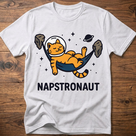 White crew-neck cat astronaut graphic t-shirt with NAPSTRONAUT print