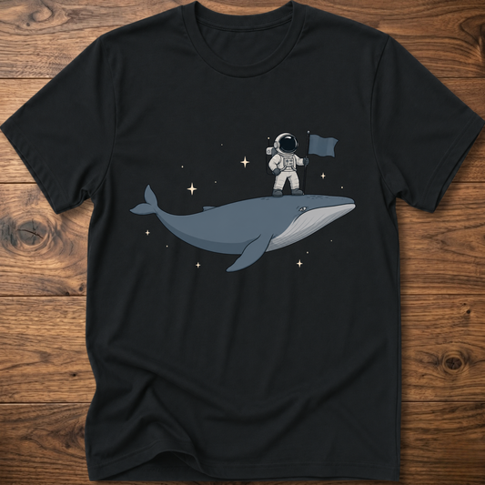 Black t-shirt with astronaut on a whale, holding a flag, starry space graphic