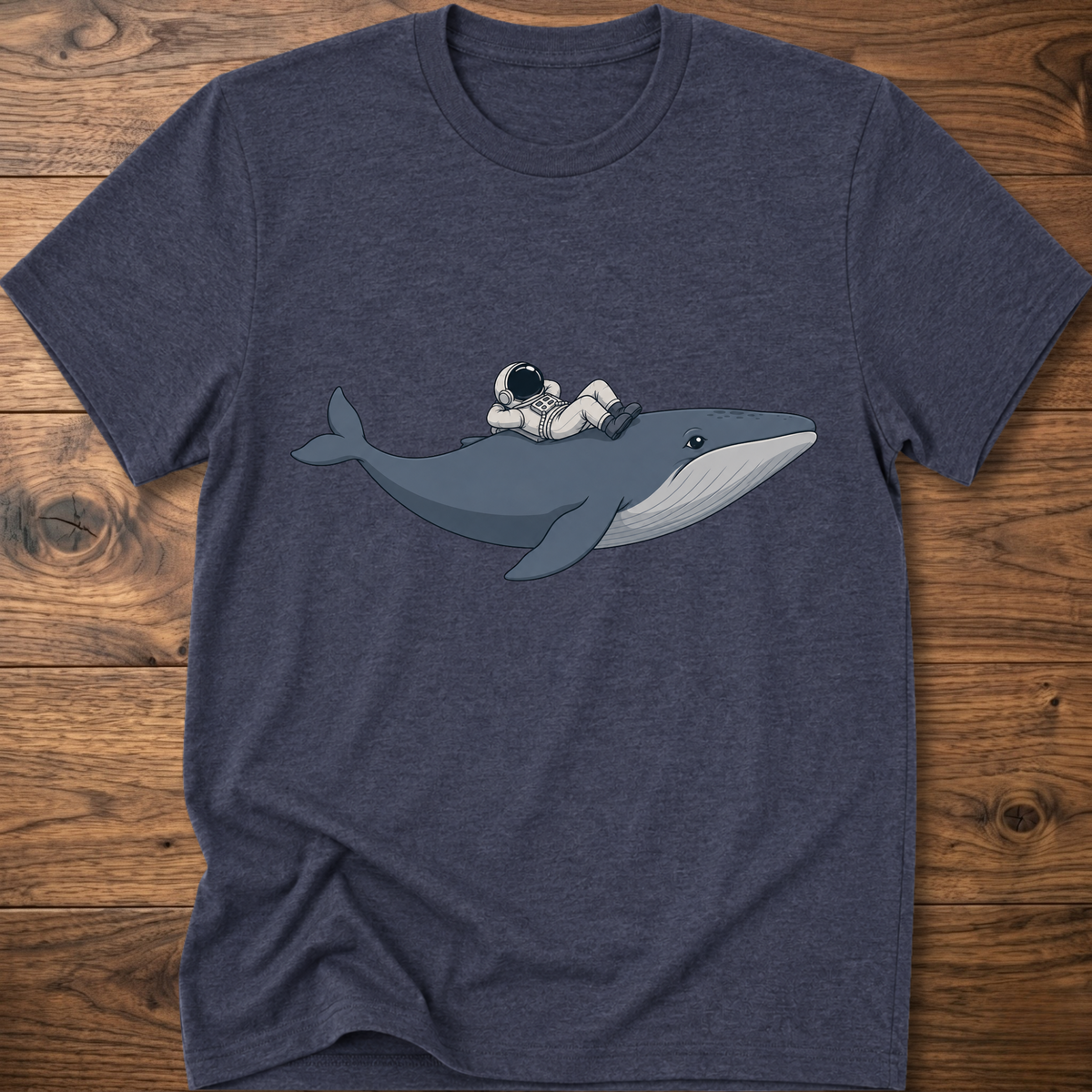 Heather navy Whale Astro Ride graphic t-shirt with whale and astronaut chest print