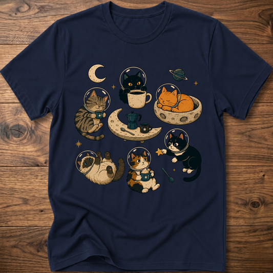 Navy cat-themed T-shirt with moon, cats, coffee cup, and snack table graphic