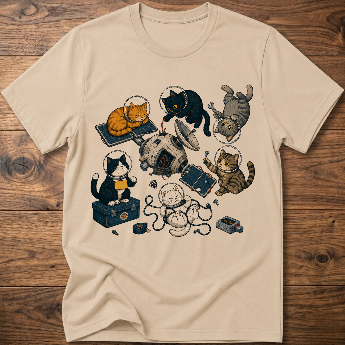 Sand beige cats space maintenance graphic T-shirt with astronaut and robot cats