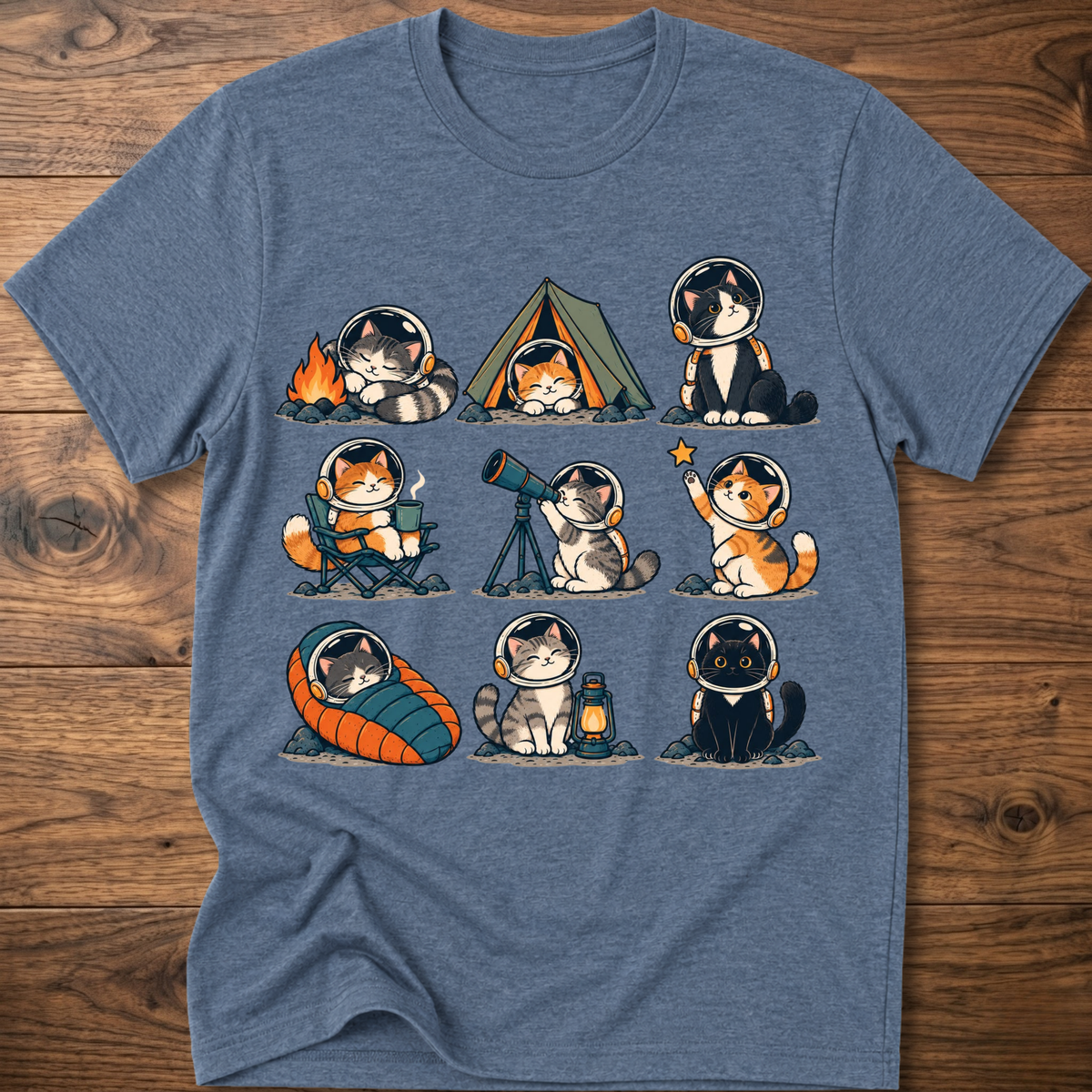 Heather indigo Cats Space Camp graphic T-shirt with cat astronauts and camp scene