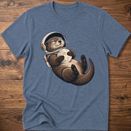 Heather indigo T-shirt with astronaut otter graphic, short sleeves and crew neck.