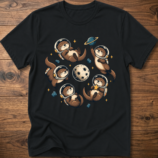 Black crew T-shirt with otter astronaut space graphic on chest