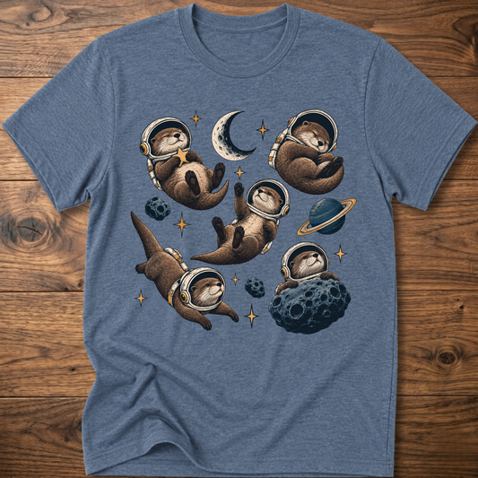 Heather indigo otter space crew T-shirt with moon and planet graphic, crew neck short sleeves