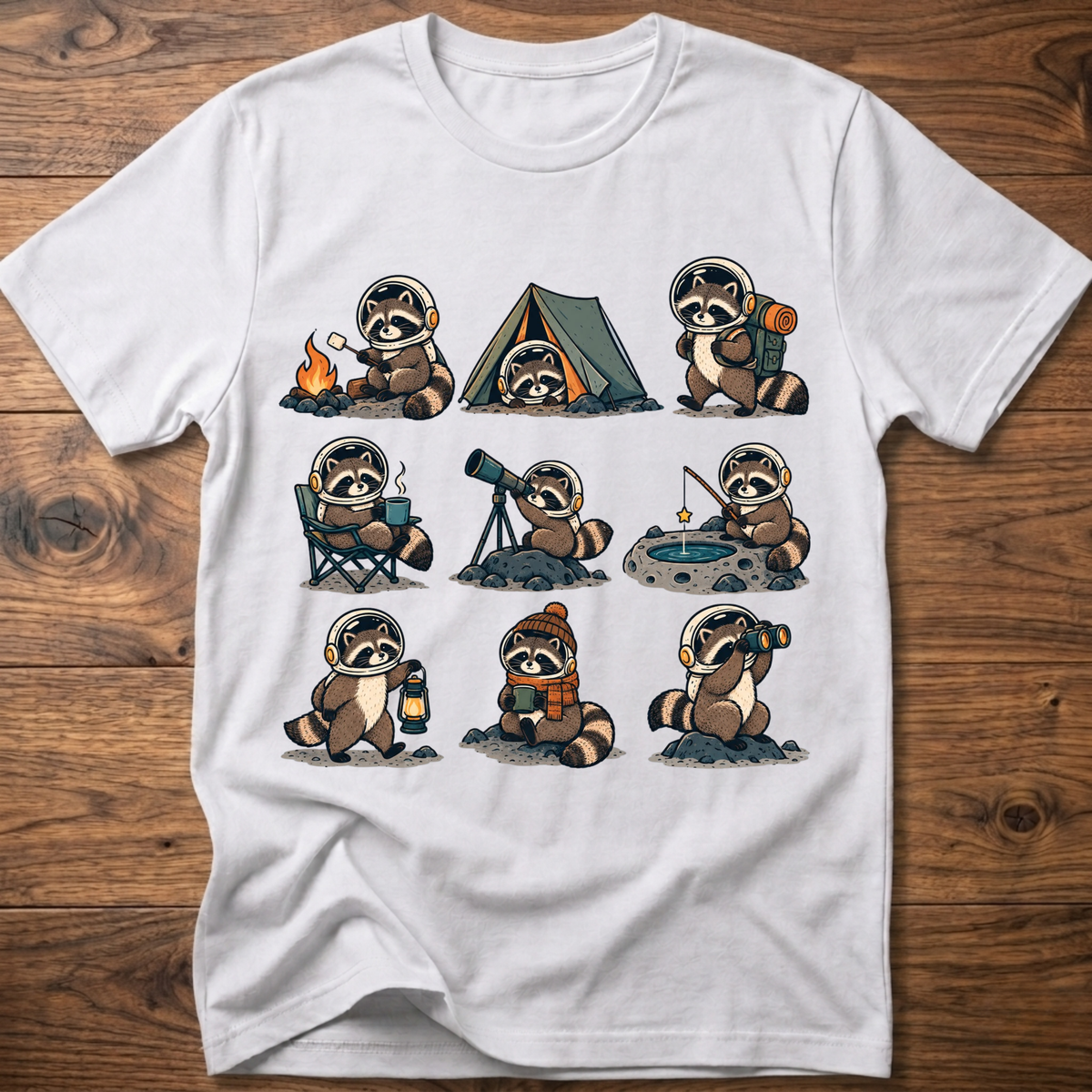 White crew-neck T-shirt with space camp raccoon astronaut graphic, short sleeves