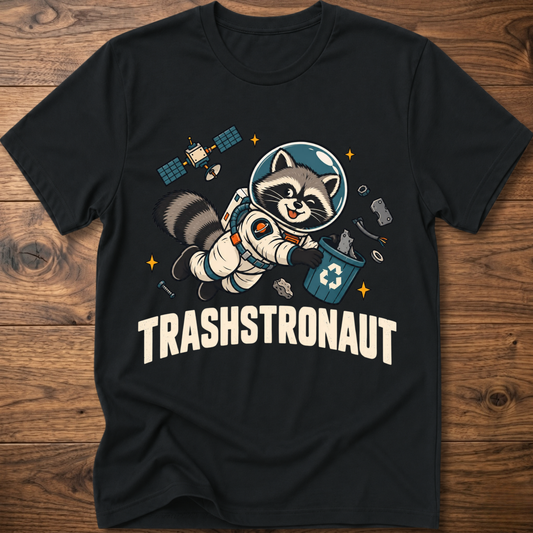 Black T-shirt with raccoon astronaut graphic and TRASHSTRONAUT print