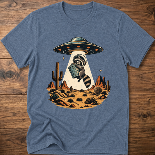 Heather blue crew-neck T-shirt with astronaut raccoon graphic, UFO, and desert cactus