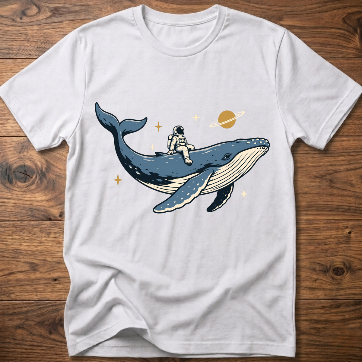 White T-shirt with astronaut riding space whale graphic and stars