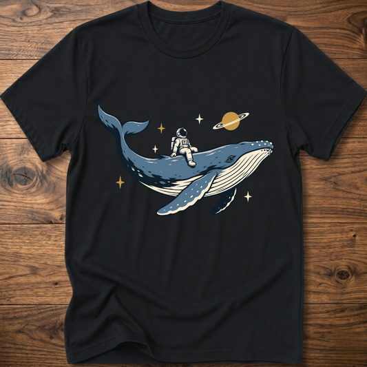 Black T-shirt with astronaut riding space whale graphic and stars