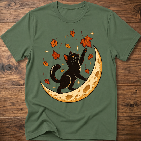 Military green cat t-shirt with black cat on orange moon and orange fall leaves