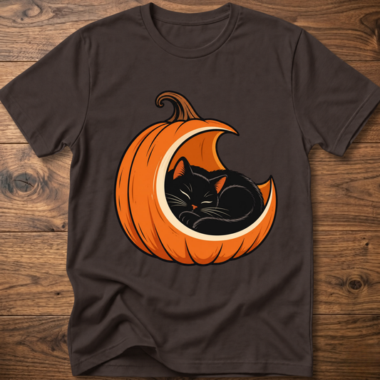 Black t-shirt with orange jack-o'-lantern and curled black cat graphic on front