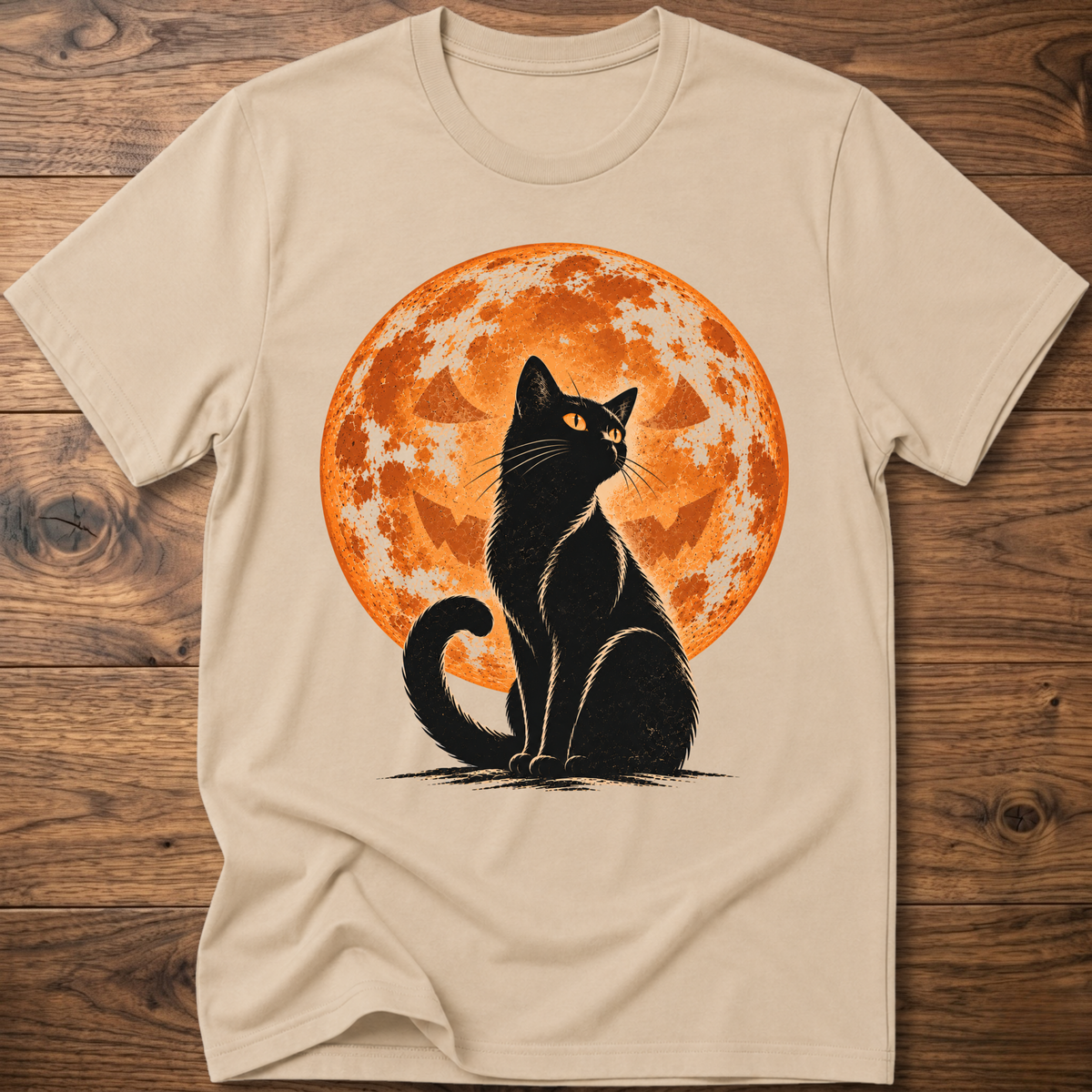 Sand t-shirt with black cat jack-o-lantern moon graphic on front