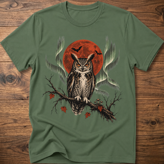 Military green crew-neck T-shirt with owl and red moon graphic on front