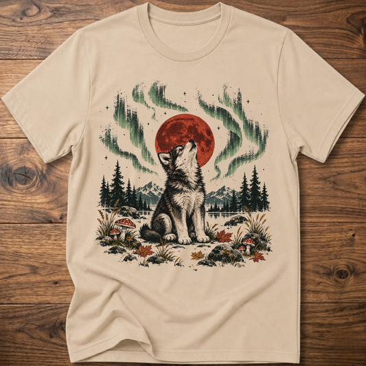 Sand t-shirt with seated wolf and red moon, green aurora forest graphic, crew neck.
