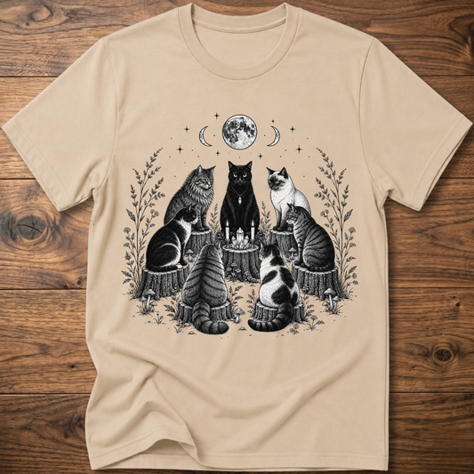 Sand t-shirt with moonlit cat coven graphic and candles, crew neck short sleeves