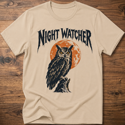 Beige graphic T-shirt with owl and orange moon, black distressed lettering